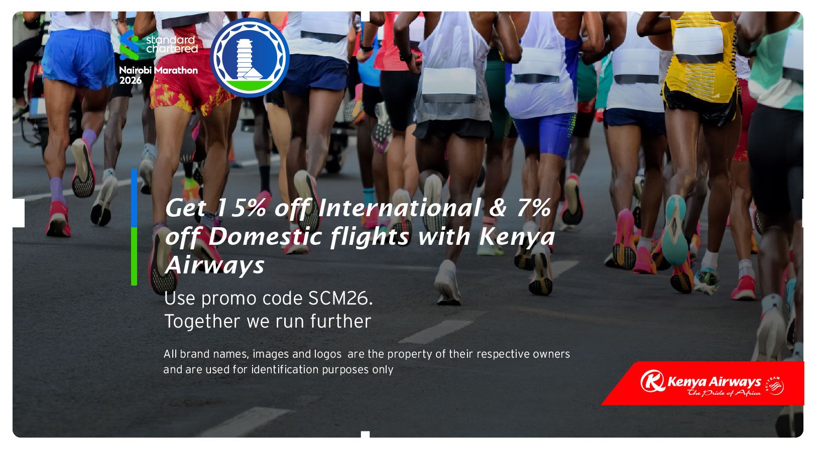 Kenya Airways – 15% off International and 7% off Domestic flights, promo code SCM26